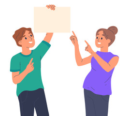 Cartoon people pointing to blank poster with index fingers. Male and female characters presenting product, managers showing and introducing new product flat vector illustration