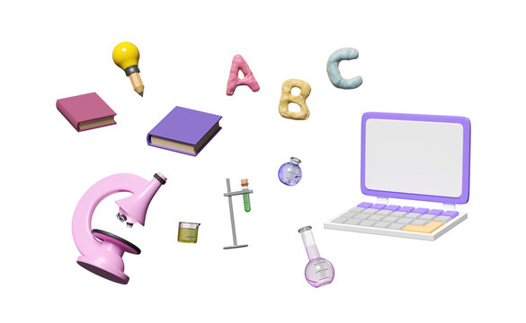 3d laptop computer monitor with microscope, beaker, test tube, character ABC clay toy icon float isolated. room online innovative education, 3d render illustration