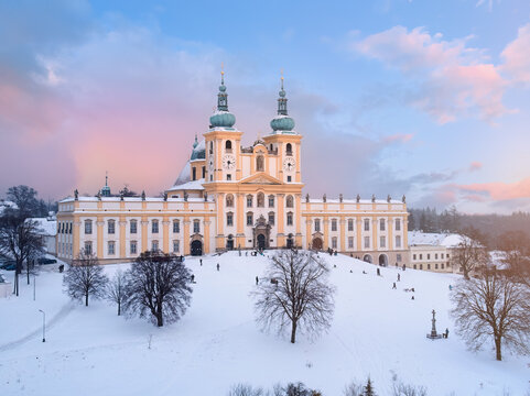 Aerial, direct view of the Pilgrimage church of Minor Basilica of the Visitation of the Blessed Virgin Mary covered with snow.  Winter, snow, Christmas holidays in Czech republic.