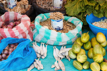 Street market, various regional foods, vegetables, fish, pulses and fruits. Madagascar food, authentic Madagascar life. Madagascar travel concept