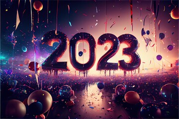 New Year's Eve "2023" "23" Celebration Balloons Confetti Streamers Fireworks Background Image	
