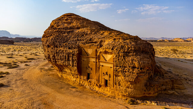 Saudi Arabia, Medina Province, Al Ula, Aerial view of ancient tomb in Mada?In Salih