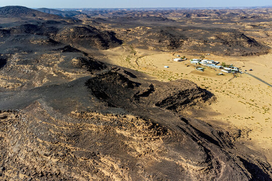Saudi Arabia, Najran Province, Najran, Aerial view of hills surrounding archaeological site of Bir Hima