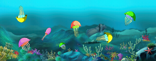 Naklejka na ściany i meble Jellyfish in a sea illustration