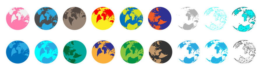 Earth 3d globe. World map with green continents and blue oceans. Vector isolated set of earth planet.
