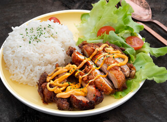 Fried chicken over rice and spicy sauce.