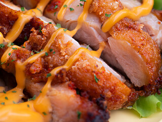 Fried chicken over rice and spicy sauce. Close up