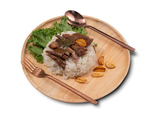 Topped Grilled pork neck with rice and tabasco isolated on white, Thai food, Quick meal