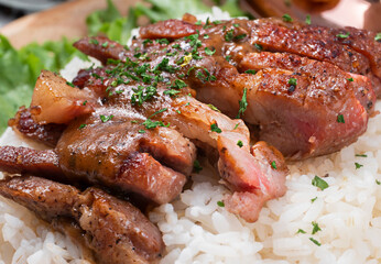 Grilled pork neck topped rice and tabasco, Thai food, Quick meal