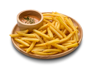 French fries with sauce on white background. clipping path