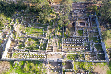 Aerial view of remains of Olympos Ancient City on sunny winter day. Turkey.