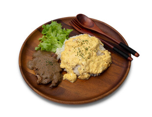 Topped Grilled pork neck with rice and tabasco isolated on white. Clipping path