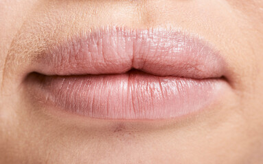Face, macro and lips of woman with makeup, lipstick and cosmetics. Facial skincare, beauty...