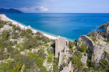 Aerial view of remains of Ancient Olympos and the beach on sunny winter day. Turkey.