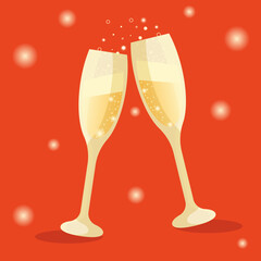 two glasses of champagne with ribbon, merry christmas and happy new year