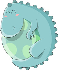 A cute blue dinosaur hugs an egg and warms it