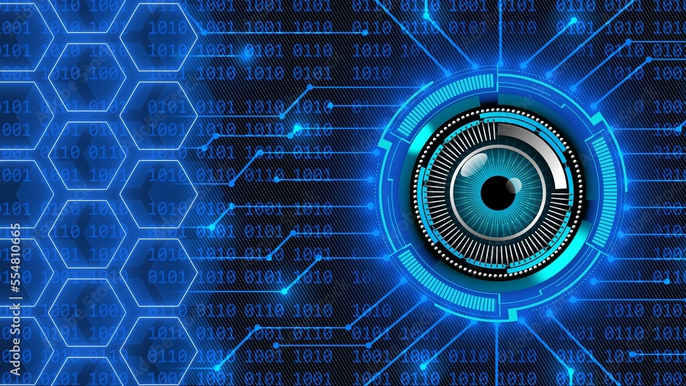 Poster future technology concept - magic eye in hud elements - information connecting lines and honeycomb o