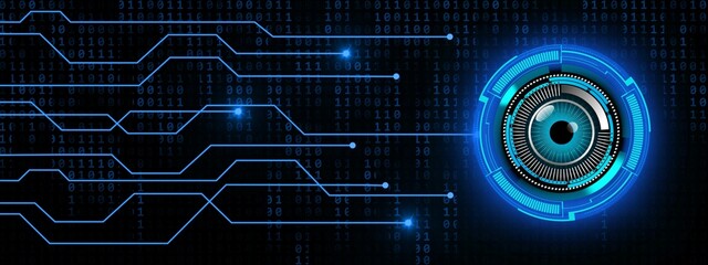 Cyber circuit future technology concept - magic eye in HUD elements with information connecting lines on binary code background - 3D Illustration