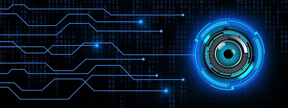 Cyber circuit future technology concept - magic eye in HUD elements with information connecting lines on binary code background - 3D Illustration