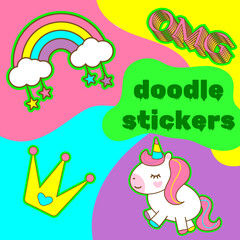 doodle stickers with unicorn, rainbow and crown