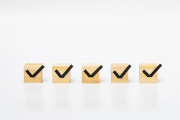wooden block with check mark on white background