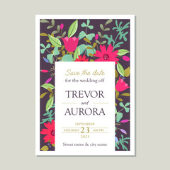 invitation wedding flyer with bright stylish floral design in hand drawn style