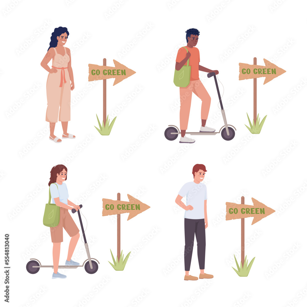 Aufkleber go green semi flat color vector characters set. editable figures. full body people on white. simple 