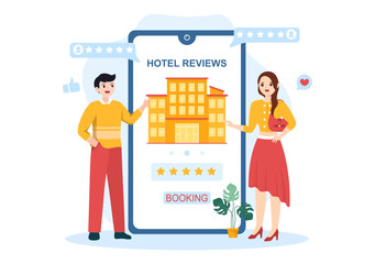 Hotel Review with Rating Service, User Satisfaction to Rated Customer, Product or Experience in Flat Cartoon Hand Drawn Templates Illustration