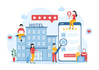 Fototapeta na wymiar Hotel Review with Rating Service, User Satisfaction to Rated Customer, Product or Experience in Flat Cartoon Hand Drawn Templates Illustration