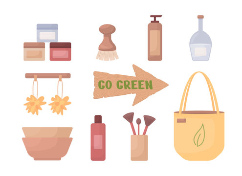 Go green semi flat color vector objects set. Editable elements. Full sized items on white. Simple cartoon style illustrations pack for web graphic design and animation. Nerko One Regular font used