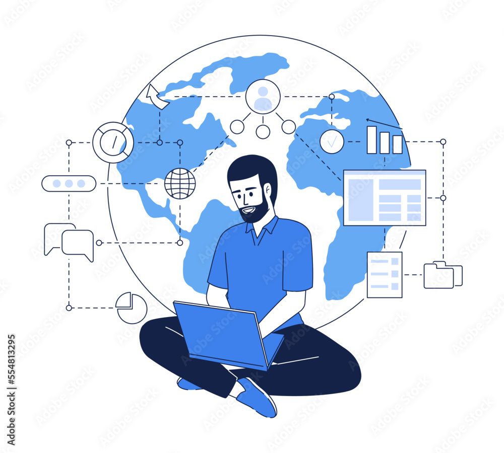 Aufkleber man using global communication flat concept vector illustration. editable 2d cartoon character on wh