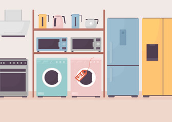 Large household appliances flat color vector illustration. Kitchen equipment assortment. Fully editable 2D simple cartoon interior with electrical store on background. Bebas Neue font used