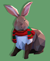 Vector illustration of low-poly polygonal brown rabbit bunny in the red Christmas scarf. 2023, New Year symbol, clip art concept.