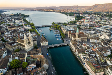 Obraz premium Aerial drone shot flying above Lake Zurich, Switzerland in sunny day.
