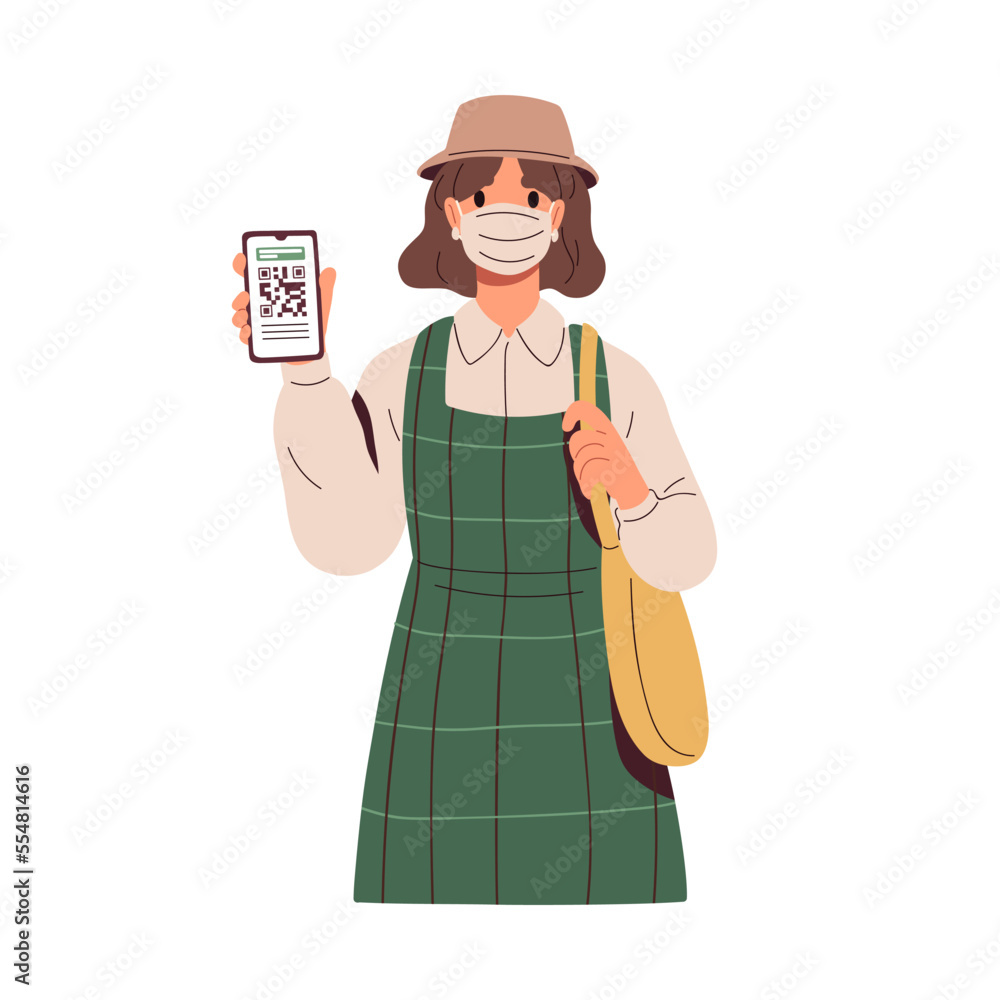 Poster woman showing qr code of digital covid vaccine certificate on mobile phone screen. person in medical