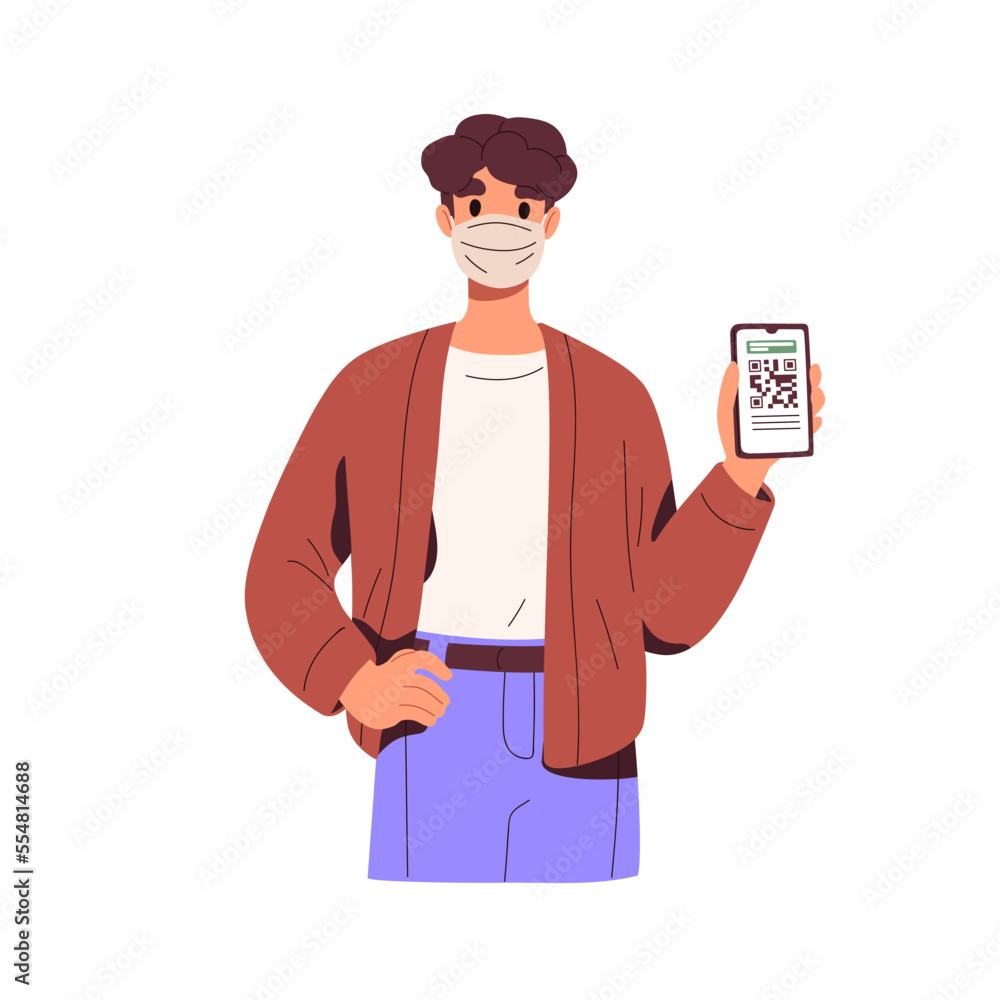 Poster Man in mask with digital covid-19 vaccine certificate, QR code on smartphone screen. Person with valid corona virus immunity document on phone. Flat vector illustration isolated on white background