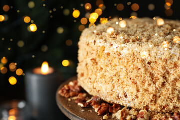 Concept of sweets, honey cake, space for text