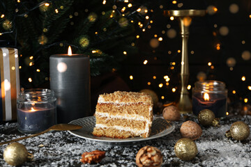 Concept of tasty sweets, delicious honey cake