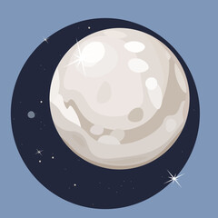 Moon, satellite or planet, space picture with stars and glitter. Vector illustration on a white background.