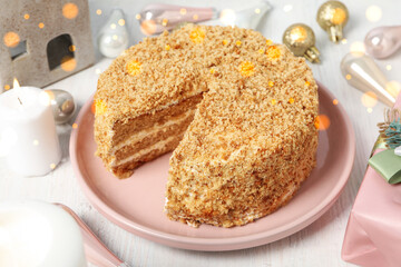 Concept of tasty sweets, delicious honey cake