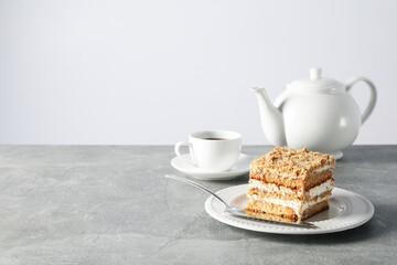 Concept of sweets, honey cake, space for text