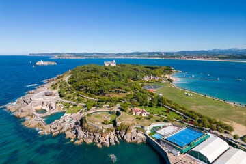 Santander city beach aerial panoramic view of the peninsula with Magdalena Palace, zoo, city park...