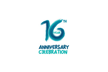 16th, 16 years, 16 year anniversary celebration fun style logotype. anniversary white logo with green blue color isolated on white background, vector design for celebrating event