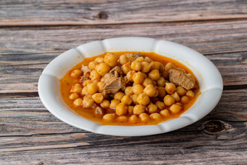 Traditional delicious Turkish foods; Turkish Food Chickpeas with Meat. Turkish name; Etli nohut