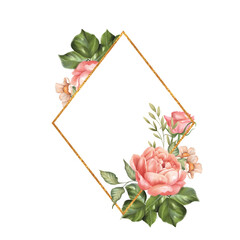 Golden rhombus frame with rose flowers. Floral Wedding card decor