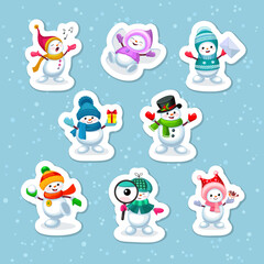 Cute cartoon Snowmen sticker pack. Printable vector illustration