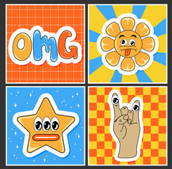 Square retro posters, sticker pack. Funny cartoon characters. Vector illustration of sun, star, hand and omg text. Set of comic elements in trendy retro cartoon style