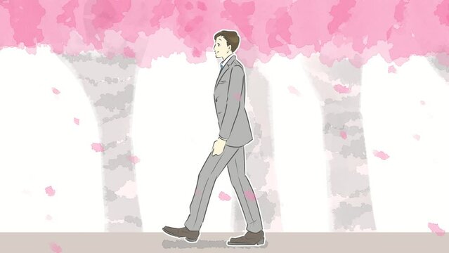 スーツを着た歩く男性と花びらが舞う桜並木のループアニメーション