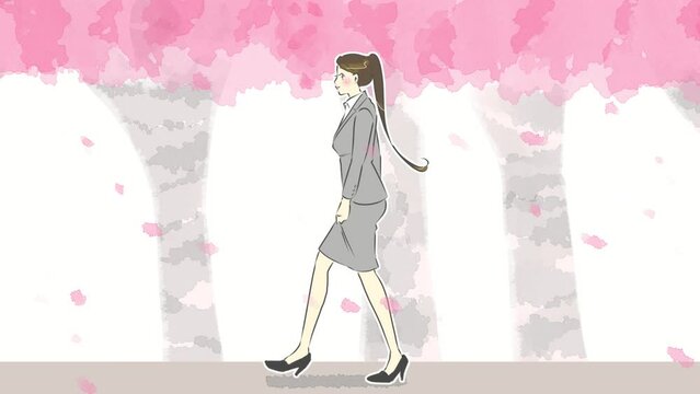 スーツを着た歩く女性と花びらが舞う桜並木のループアニメーション