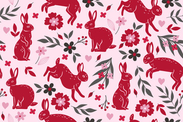 Seamless pattern for valentine's day with rabbits and flowers. Vector graphics.